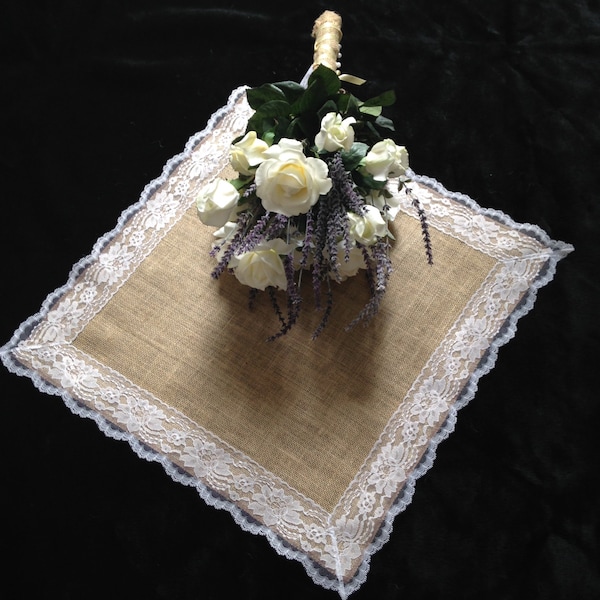 Burlap WHITE Lace-Edged Table Topper/ Table Overlay/Placemat/Table Square/Tablecloth - Rustic Wedding, Country Home Decor, Farmhouse