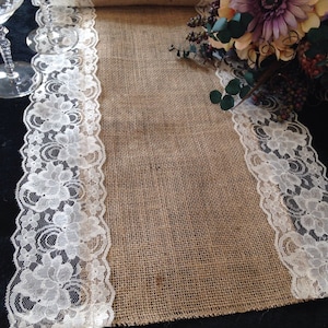 Burlap and IVORY Lace Table Runner Wedding Table Runner 14 Width Lace on Edges Country Home Decor, Farmhouse Decor, Rustic Wedding image 2