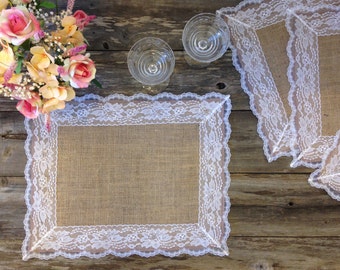 Burlap Placemats with WHITE Lace - Country Wedding -Rustic Country Wedding - Farmhouse Decor - Rustic Country Home - French Country Decor