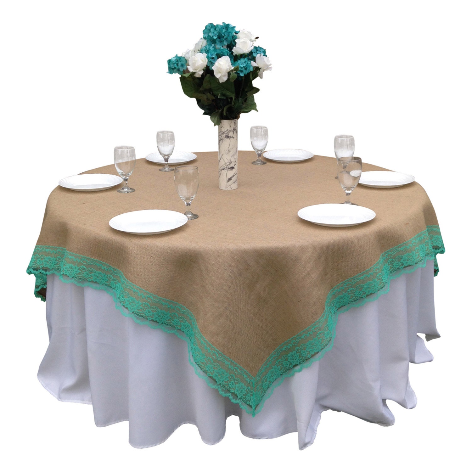 42 X 42 Inches Burlap TURQUOISE GREEN Lace Edged Table Etsy