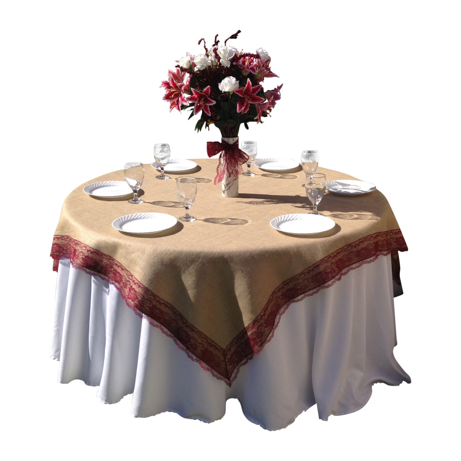 42 X 42 Inches Burlap BURGUNDY RED WINE Lace Edged Table Etsy