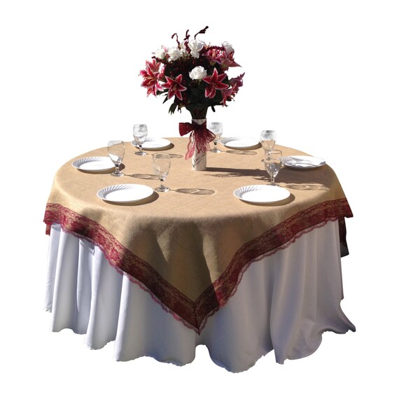 36 X 36 Inches Burlap Burgundy Red Wine Lace Edged Table Etsy