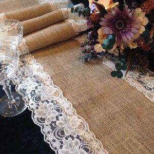 Burlap and IVORY Lace Table Runner Wedding Table Runner 14 Width Lace on Edges Country Home Decor, Farmhouse Decor, Rustic Wedding image 1
