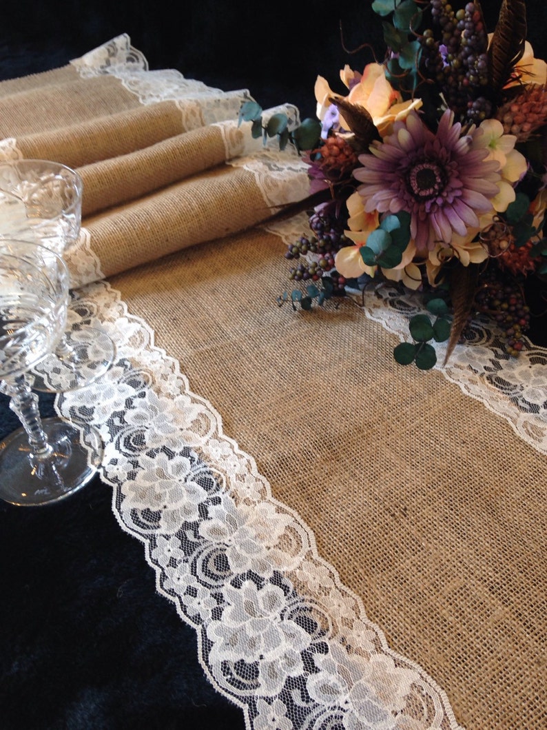 Burlap and IVORY Lace Table Runner Wedding Table Runner 14 Width Lace on Edges Country Home Decor, Farmhouse Decor, Rustic Wedding image 1