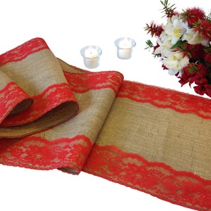 Burlap Lace Table Runner, RED Lace; Rustic Wedding Table Runner; 12" Width; Lace Edges; Country Home Decor, Farmhouse Decor, Shabby Chic