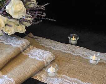 Burlap Table Runner, WHITE Lace - Wedding Table Runner - 12" Width; Lace on Edges - Country Home Decor, Farmhouse Decor, Rustic Wedding