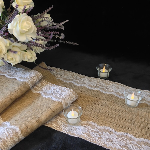 Rustic Table Runner - Burlap and WHITE Lace Wedding Table Runner; 12" Width; Lace on Edges; Country Home Decor, Farmhouse Decor, Shabby Chic