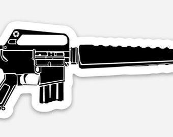May include: Black and white silhouette of a rifle with a magazine.