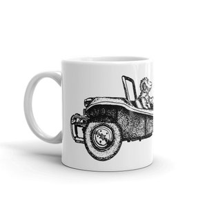 May include: A black and white illustration of a dune buggy with a person driving. The dune buggy is drawn in a vintage style.