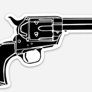 May include: A black silhouette of a revolver pistol with a long barrel and a grip.