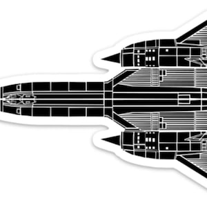 May include: Black and white sticker featuring a detailed illustration of a SR-71 Blackbird aircraft. The design shows the plane's distinct shape, including its long fuselage, delta wings, and twin engines. The sticker has a white border.