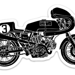 May include: Black and white silhouette of a vintage Ducati motorcycle with the number 3 on the back. The motorcycle has a large fuel tank with the text "Sanglas Ducati" on it.