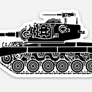 May include: Black and white silhouette of a tank with a large cannon and multiple wheels. The tank is facing right.