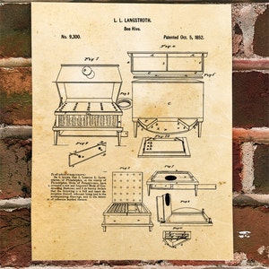 May include: A vintage patent drawing for a bee hive, titled "L.L. Langstroth Bee Hive" and patented on October 5, 1852. The drawing shows a detailed diagram of the hive with multiple figures illustrating different parts and angles.