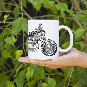 KillerBeeMoto:   MotoLady Blondezilla Custom Sportster Scrambler On Coffee Mug (White) Cartoon Version