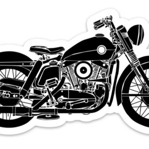 Op de afbeelding: Zwart-witte silhouet van een vintage motorfiets met een gedetailleerde motor en spaakwielen.