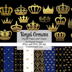 Royalty Gold Crown Clipart and Digital Paper, Backgrounds and Overlays for Scrapbook, Queen, Prince, Princess, King Crown Silhouette