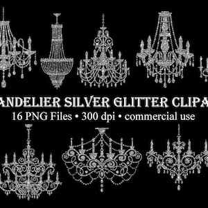 Silver Glitter Chandelier Silhouette Clipart, Digital Download, PNG Images, Commerical Use, Chandelier Clip Art