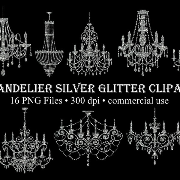 Silver Glitter Chandelier Silhouette Clipart, Digital Download, PNG Images, Commerical Use, Chandelier Clip Art