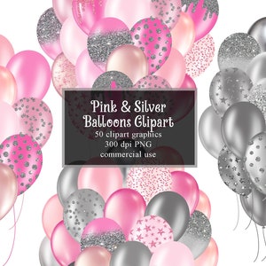 Pink Glitter Balloons Clipart, Pink & Silver Glitter Sparkle Confetti Balloon Clip Art, PNG Digital Overlays Instant Download Commercial Use