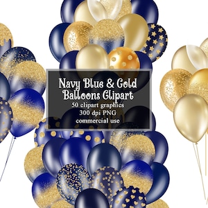 Navy Blue en Gold Glitter Ballonnen Clipart, Glitter Sparkle Confetti Balloon Clip Art, Digitale Overlays Instant Download Commercieel Gebruik