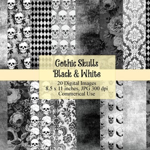 Gothic Black and White Skulls, Grunge Gothic Skulls and Printable Paper Halloween Patterns Instant Download for Commercial Use