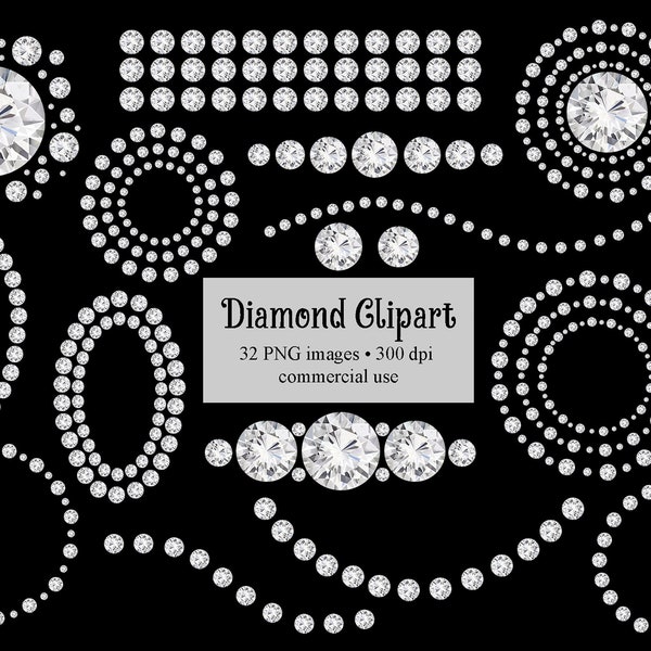 Diamond Luxury Clipart in PNG Format, White Sparkle Diamond Necklaces, frames and strands, INSTANT DOWNLOAD for commercial use