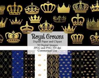 Royalty Gold Crown Clipart and Digital Paper, Backgrounds and Overlays for Scrapbook, Queen, Prince, Princess, King Crown Silhouette