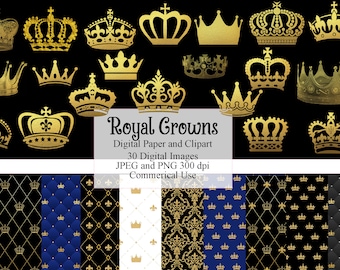 Royalty Gold Crown Clipart and Digital Paper, Backgrounds and Overlays for Scrapbook, Queen, Prince, Princess, King Crown Silhouette