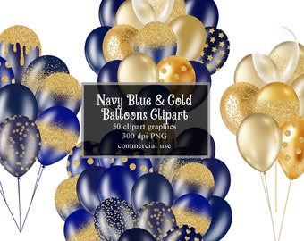 Navy Blue and Gold Glitter Balloons Clipart, Glitter Sparkle Confetti Balloon Clip Art, Digital Overlays Instant Download Commercial Use