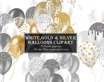 White Silver Gold Balloons Clipart, Glitter Balloon PNG Digital Overlays, Glitter Sparkle Confetti, Instant Download commercial use
