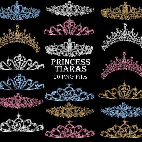 Tiara Princess Clipart, Pink Blue Gold Glitter and Diamond Clip Art, INSTANT DOWNLOAD, Royal Crown Clip Art for Personal and Commercial Use