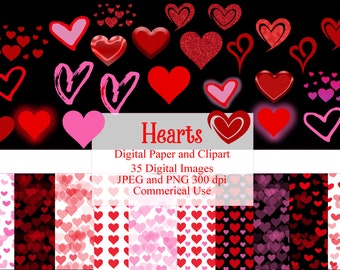 Hearts Clipart and Digital Paper Bundle, Backgrounds and Overlays for Scrapbook and Graphic Design Clip Art, Instant Download,