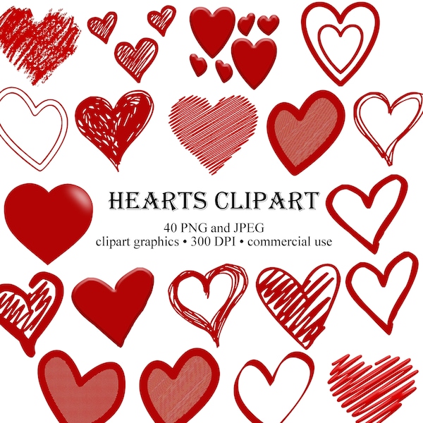 Red Hearts Clipart Set, Red Hearts clip art design elements, Hearts PNG, Hearts JPEG, Heart Silhouette Shapes Overlays for Commerical Use