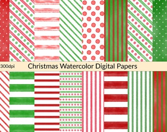 Bright Christmas Watercolor Papers, Red and Green Digital Paper Pack, INSTANT DOWNLOAD, Polka Dots Stripes Printable Scrapbook Backgrounds