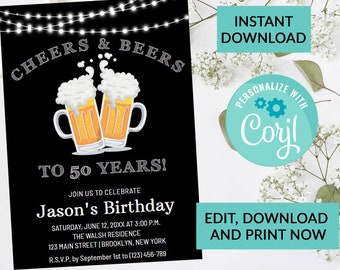 Cheers and Beers Birthday Invitation Party #69 | Surprise Birthday Invite, Digital INSTANT DOWNLOAD | Editable Invite, Printable, Any Age