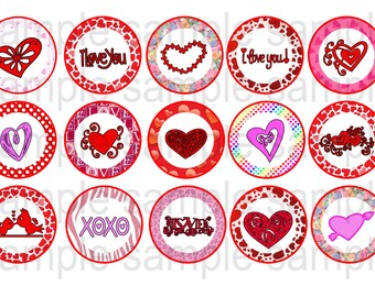 Valentine's Day Bottle Cap Image Sheet INSTANT DOWNLOAD , Love, Hearts, 1 Inch Bottle Caps Digital Collage No. 130