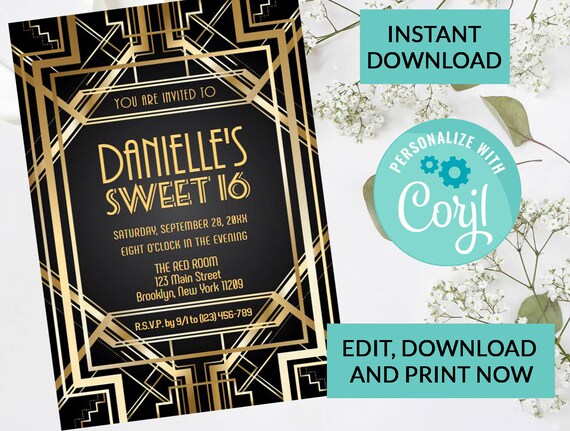 Art Deco Sweet 16 Invitation #92 | Digital INSTANT DOWNLOAD