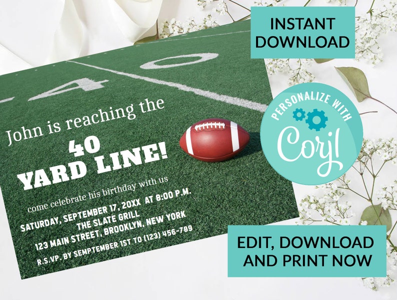 Football Birthday Invitation Party Surprise Birthday Invite 40th Birthday Party Digital INSTANT DOWNLOAD Editable Invite
