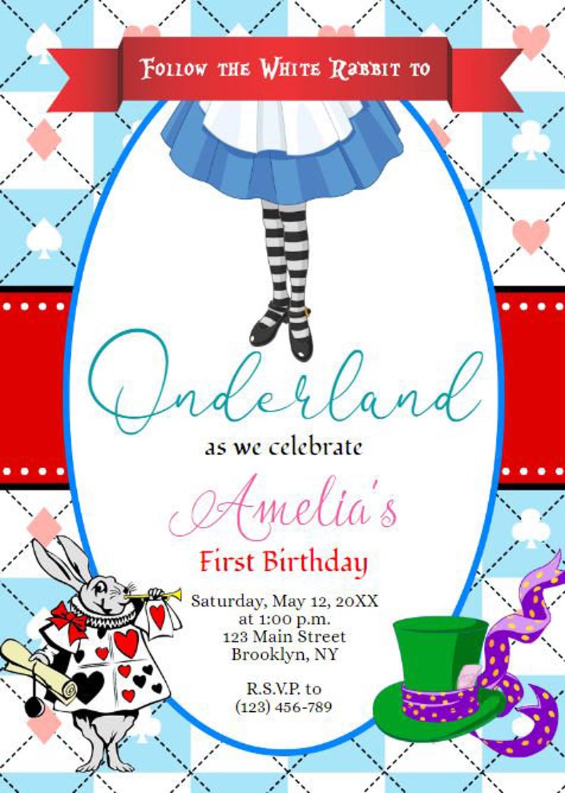 Printed Invitations Girls First Birthday Invitation Any Age Mad Hatter Tea Party #124 Wonderland Birthday Invitation