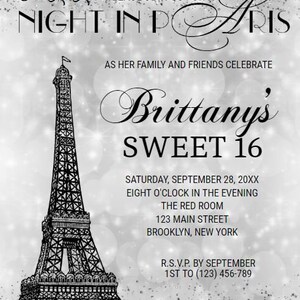 K&ouml;nnte beinhalten: Ein silberner Glitzerhintergrund mit einer Schwarzwei&szlig;illustration des Eiffelturms. Der Text "Ooh La La! Please join us for a Night in Paris" befindet sich oben im Bild. Der Text "Brittany's Sweet 16" befindet sich in der Mitte des Bildes. Der Text "Saturday, September 28, 20XX Eight O'Clock in the Evening The Red Room 123 Main Street Brooklyn, New York R.S.V.P. by September 1st to (123) 456-789" befindet sich unten im Bild.