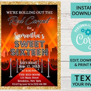 Red Carpet Themes Sweet 16 Invitation Sweet 16 Invitation | Digital INSTANT DOWNLOAD Editable Invite | Sweet Sixteen Birthday | Hollywood