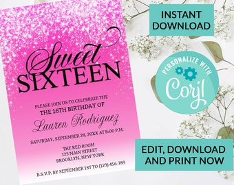 Hot Pink Fuscia Glitter Sparkle Sweet 16 Invitation #88 | Digital INSTANT DOWNLOAD Editable Invite | Sweet Sixteen Birthday