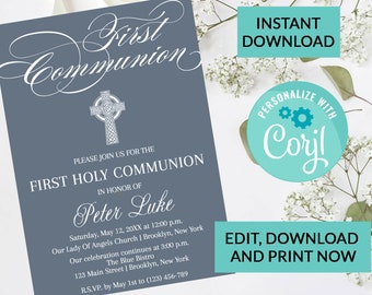 First Holy Communion Invitation Celtic Cross | Digital INSTANT DOWNLOAD Editable Invite | Religious | Boy Communion | Modern Simple Chic