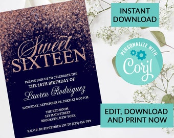 Rose Gold Foil Glitter Sparkle Sweet 16 Invitation #82 | Digital INSTANT DOWNLOAD Editable Invite | Sweet Sixteen Birthday