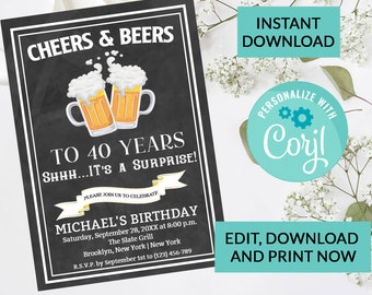 Cheers and Beers Birthday Invitation Party #31 | Surprise Birthday Invite, | Woman or Man Party | Digital INSTANT DOWNLOAD | Editable Invite