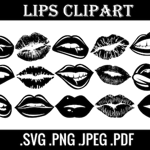 May include: A set of 12 black and white lip illustrations. The lips are in various styles, including open, closed, and with teeth showing. The lips are outlined in black and filled in with white. The text "LIPS CLIPART" is at the top of the image. The text ".SVG .PNG JPEG .PDF" is at the bottom of the image.
