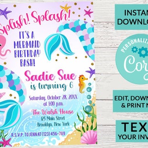 Mermaid Birthday Invitation, Party Invite, Mermaid Girl Birthday | Editable Instant Download | INSTANT ACCESS Edit Online NOW Corjl