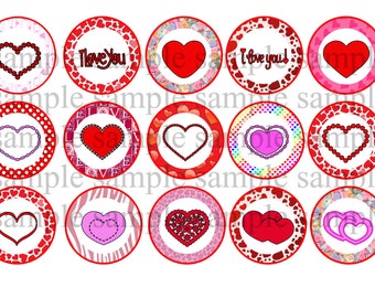 Valentine's Day Bottle Cap Image Sheet INSTANT DOWNLOAD , Love, Hearts, 1 Inch Bottle Caps Digital Collage No. 134