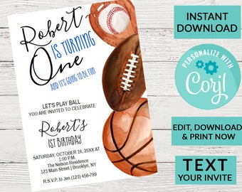 Sports Birthday Invitation, Baseball, Football, Basketball| Editable Instant Download | INSTANT ACCESS Edit Online NOW Corjl, Text Invite